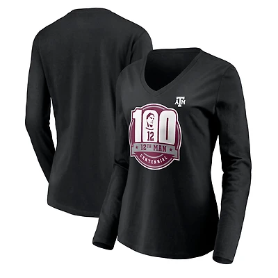 Women's Black Texas A&M Aggies 12th Man Centennial Long Sleeve V-Neck T-Shirt
