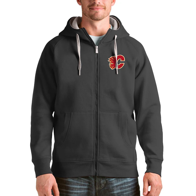 Men's Antigua Charcoal Calgary Flames Logo Victory Full-Zip Hoodie