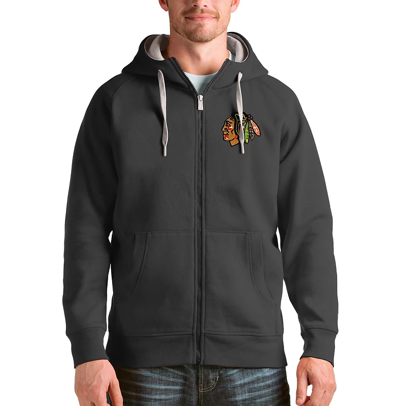 Men's Antigua Charcoal Chicago Blackhawks Logo Victory Full-Zip Hoodie