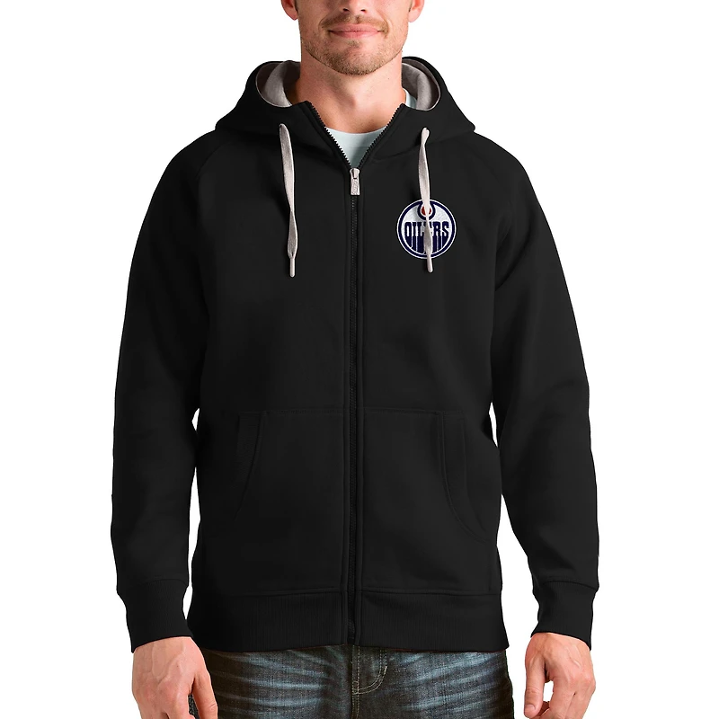 Men's Antigua Black Edmonton Oilers Logo Victory Full-Zip Hoodie