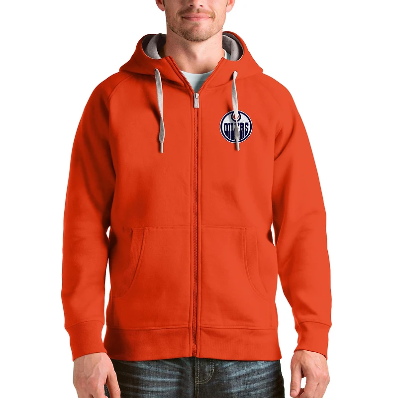 Men's Antigua Orange Edmonton Oilers Logo Victory Full-Zip Hoodie
