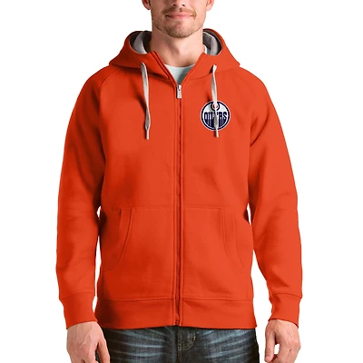 Men's Antigua Orange Edmonton Oilers Logo Victory Full-Zip Hoodie
