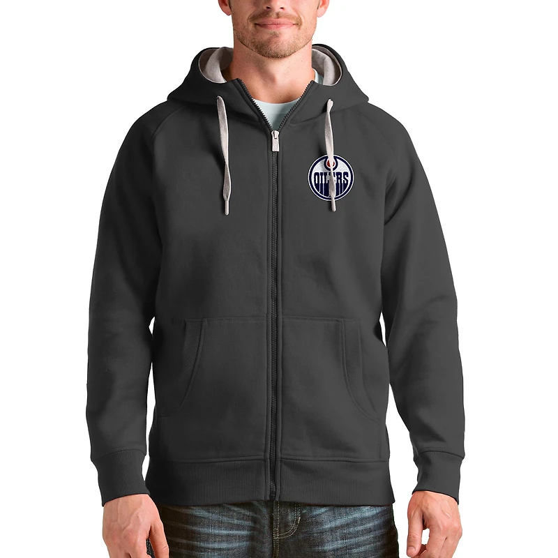 Men's Antigua Charcoal Edmonton Oilers Logo Victory Full-Zip Hoodie