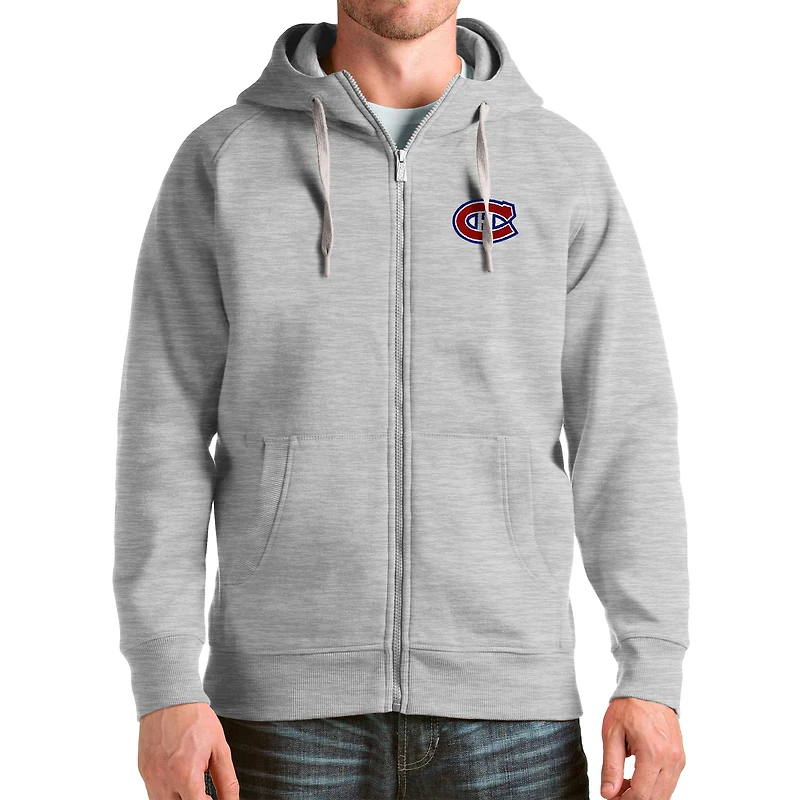 Men's Antigua Heathered Gray Montreal Canadiens Logo Victory Full-Zip Hoodie