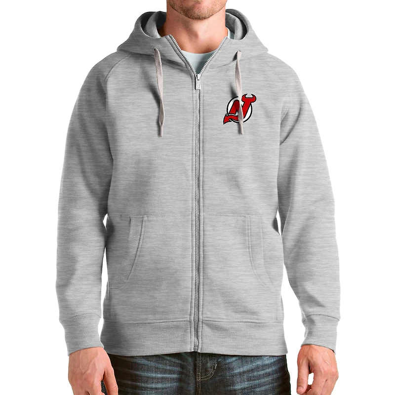 Men's Antigua Heathered Gray New Jersey Devils Logo Victory Full-Zip Hoodie