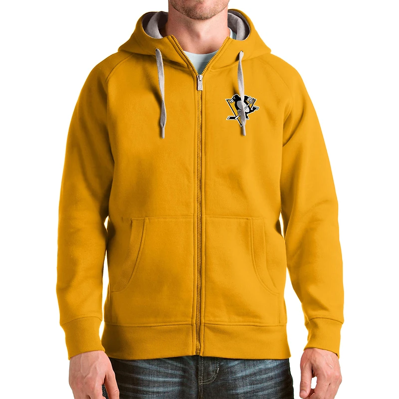 Men's Antigua Gold Pittsburgh Penguins Logo Victory Full-Zip Hoodie