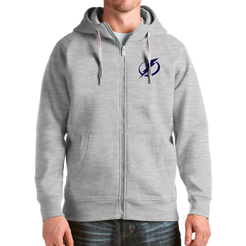 Men's Antigua Heathered Gray Tampa Bay Lightning Logo Victory Full-Zip Hoodie