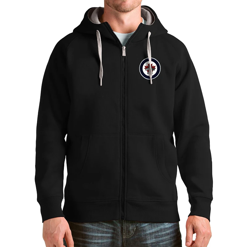 Men's Antigua Black Winnipeg Jets Logo Victory Full-Zip Hoodie