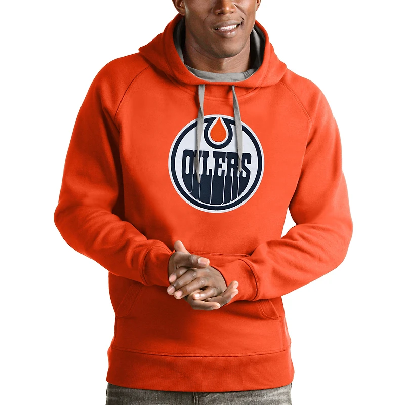 Men's Antigua Orange Edmonton Oilers Logo Victory Pullover Hoodie