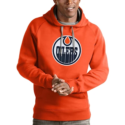 Men's Antigua Orange Edmonton Oilers Logo Victory Pullover Hoodie