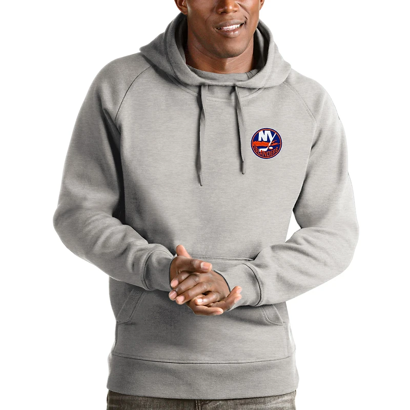 Men's Antigua Heathered Gray New York Islanders Victory Pullover Hoodie