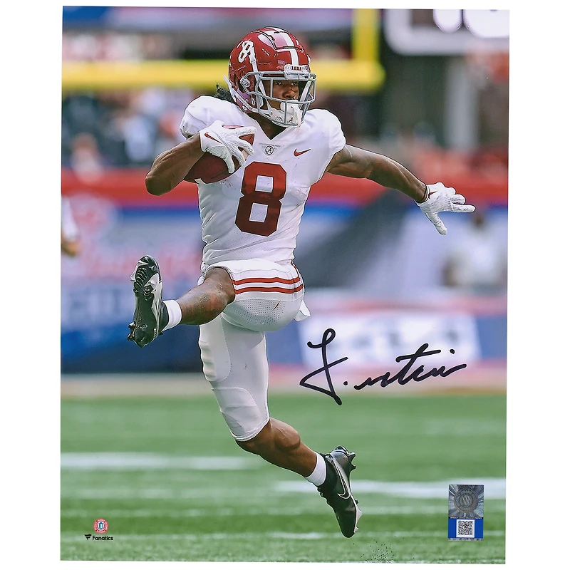 John Metchie Alabama Crimson Tide Autographed 8" x 10" White High Stepping Photograph