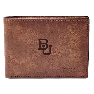 Men's Fossil Brown Baylor Bears Leather Derrick Front Pocket Bi-Fold Wallet