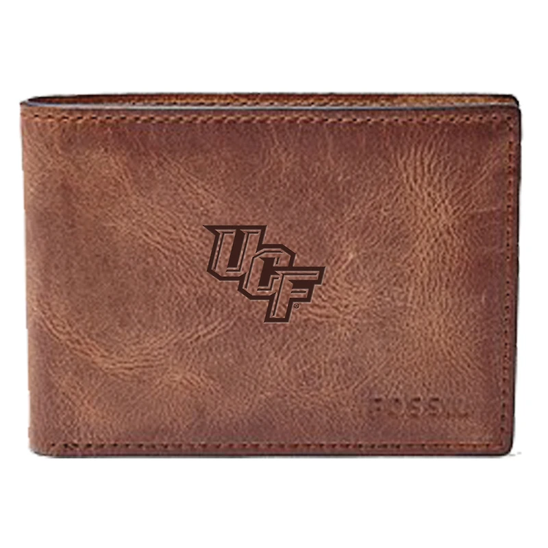 Men's Fossil Brown UCF Knights Leather Derrick Front Pocket Bi-Fold Wallet