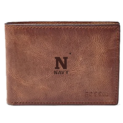 Men's Fossil Brown Navy Midshipmen Leather Derrick Front Pocket Bi-Fold Wallet