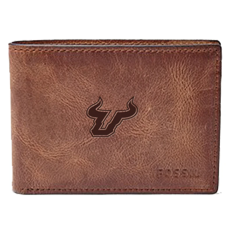 Men's Fossil Brown South Florida Bulls Leather Derrick Front Pocket Bi-Fold Wallet