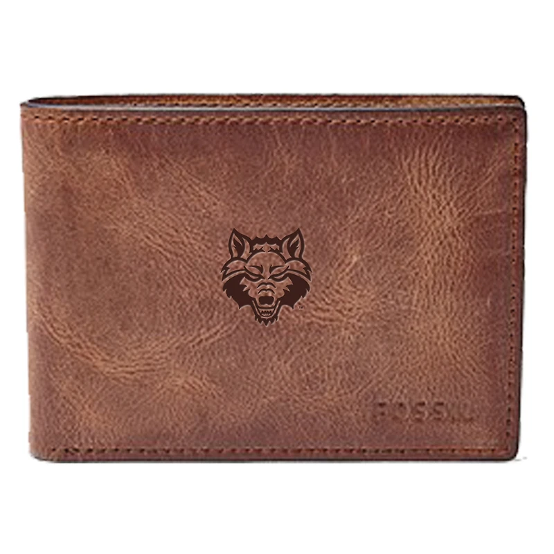 Men's Fossil Brown Arkansas State Red Wolves Leather Derrick Front Pocket Bi-Fold Wallet
