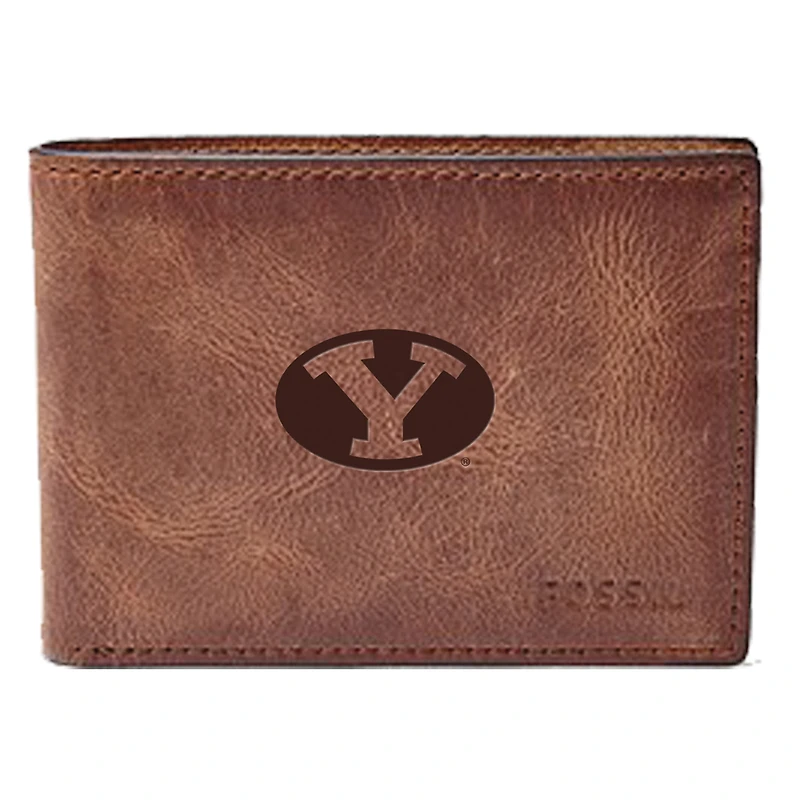 Men's Fossil Brown BYU Cougars Leather Derrick Front Pocket Bi-Fold Wallet