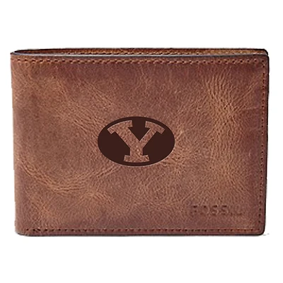 Men's Fossil Brown BYU Cougars Leather Derrick Front Pocket Bi-Fold Wallet