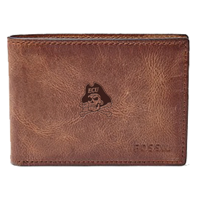 Men's Fossil Brown East Carolina Pirates Leather Derrick Front Pocket Bi-Fold Wallet