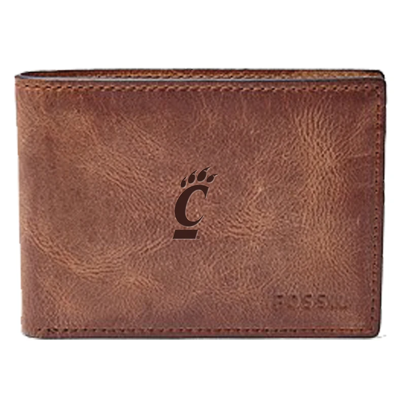 Men's Fossil Brown Cincinnati Bearcats Leather Derrick Front Pocket Bi-Fold Wallet