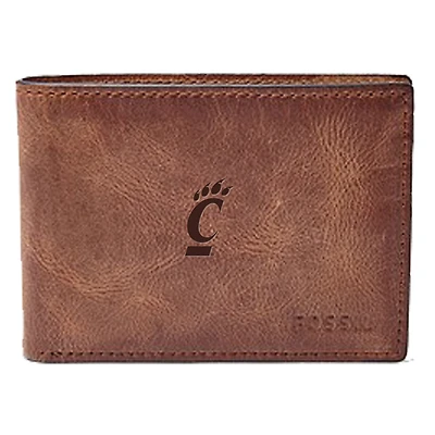 Men's Fossil Brown Cincinnati Bearcats Leather Derrick Front Pocket Bi-Fold Wallet