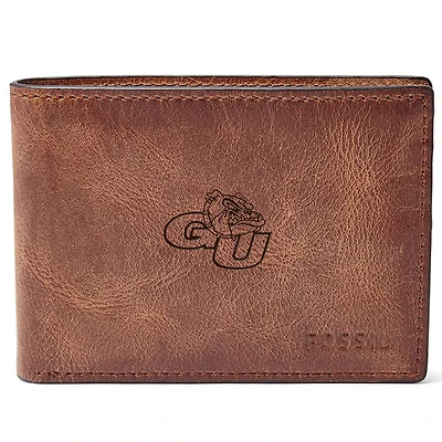 Men's Fossil Brown Gonzaga Bulldogs Leather Derrick Front Pocket Bi-Fold Wallet
