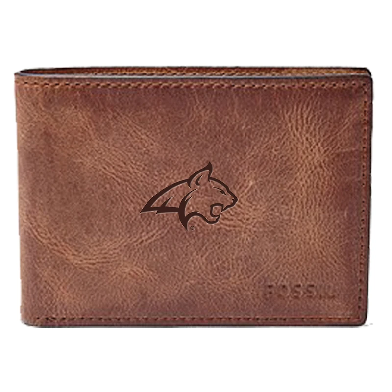 Men's Fossil Brown Montana State Bobcats Leather Derrick Front Pocket Bi-Fold Wallet