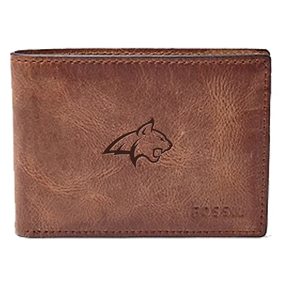 Men's Fossil Brown Montana State Bobcats Leather Derrick Front Pocket Bi-Fold Wallet