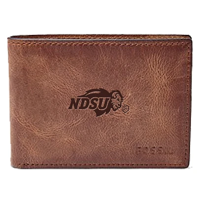 Men's Fossil Brown NDSU Bison Leather Derrick Front Pocket Bi-Fold Wallet
