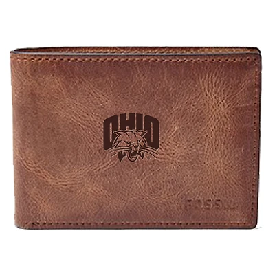 Men's Fossil Brown Ohio Bobcats Leather Derrick Front Pocket Bi-Fold Wallet