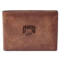 Men's Fossil Brown Ohio Bobcats Leather Derrick Front Pocket Bi-Fold Wallet