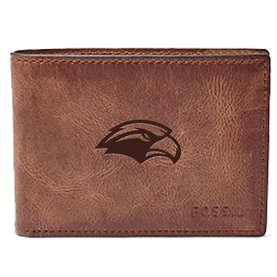 Men's Fossil Brown Southern Miss Golden Eagles Leather Derrick Front Pocket Bi-Fold Wallet