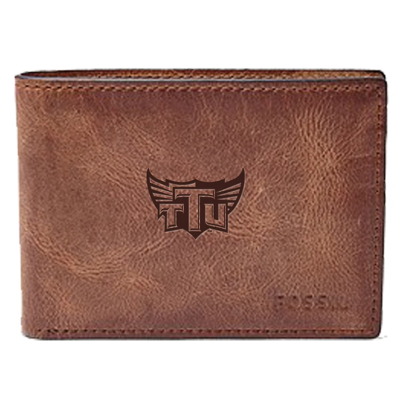 Men's Fossil Brown Tennessee Tech Golden Eagles Leather Derrick Front Pocket Bi-Fold Wallet