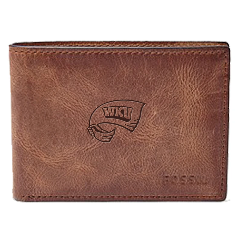 Men's Fossil Brown Western Kentucky Hilltoppers Leather Derrick Front Pocket Bi-Fold Wallet