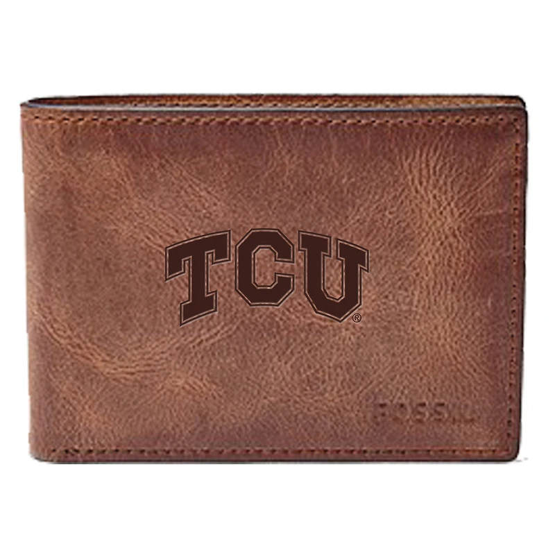 Men's Fossil Brown TCU Horned Frogs Leather Derrick Front Pocket Bi-Fold Wallet