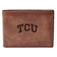Men's Fossil Brown TCU Horned Frogs Leather Derrick Front Pocket Bi-Fold Wallet