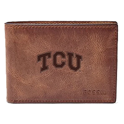 Men's Fossil Brown TCU Horned Frogs Leather Derrick Front Pocket Bi-Fold Wallet