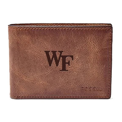 Men's Fossil Brown Wake Forest Demon Deacons Leather Derrick Front Pocket Bi-Fold Wallet