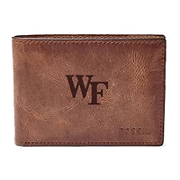 Men's Fossil Brown Wake Forest Demon Deacons Leather Derrick Front Pocket Bi-Fold Wallet