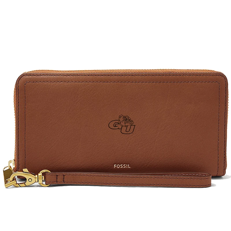 Women's Fossil Brown Gonzaga Bulldogs Leather Logan RFID Zip Around Clutch