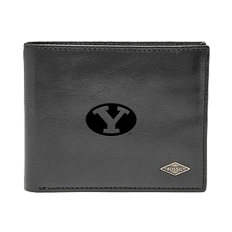 Men's Fossil Black BYU Cougars Leather Ryan RFID Flip ID Bifold Wallet
