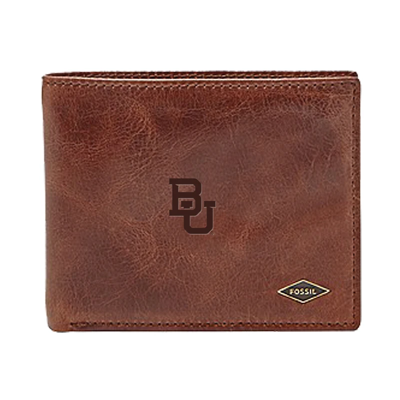 Men's Fossil Brown Baylor Bears Leather Ryan RFID Flip ID Bifold Wallet