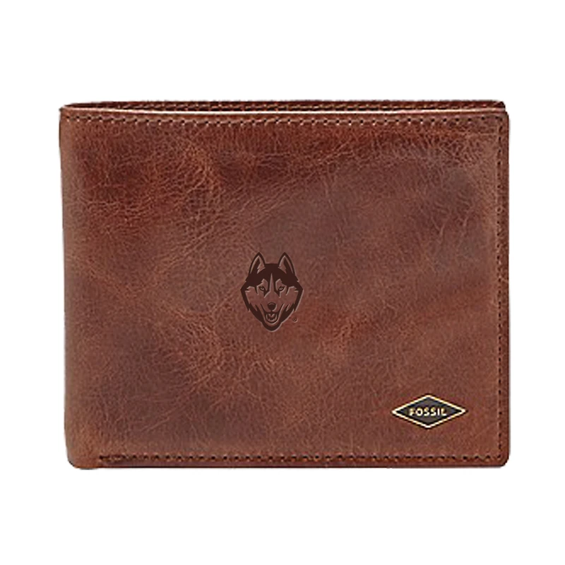 Men's Fossil Brown UConn Huskies Leather Ryan RFID Flip ID Bifold Wallet
