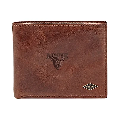 Men's Fossil Brown Maine Black Bears Leather Ryan RFID Flip ID Bifold Wallet
