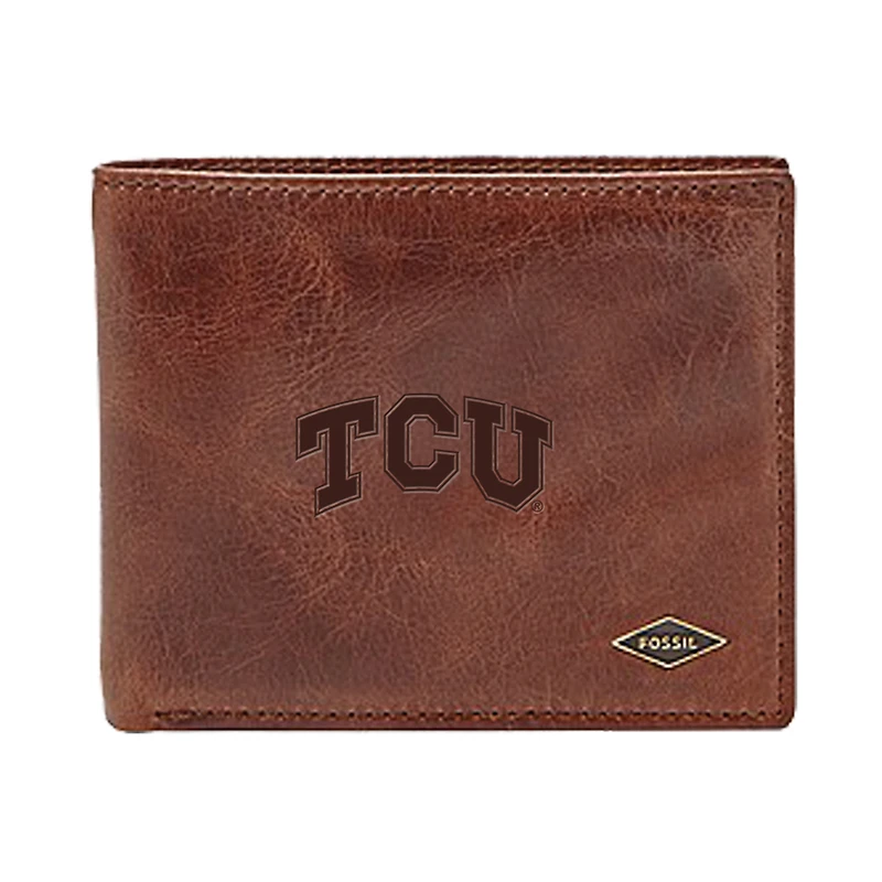 Men's Fossil Brown TCU Horned Frogs Leather Ryan RFID Flip ID Bifold Wallet