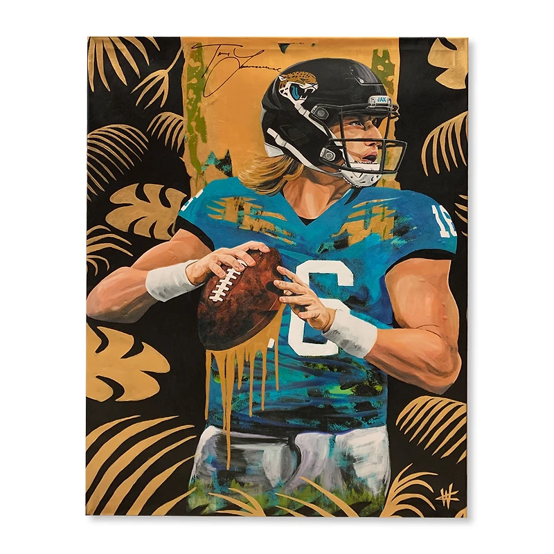 Trevor Lawrence Jacksonville Jaguars Autographed Stretched 30" x 40" Embellished Canvas Giclee Print - Art by Cortney Wall - Gold & Jungle