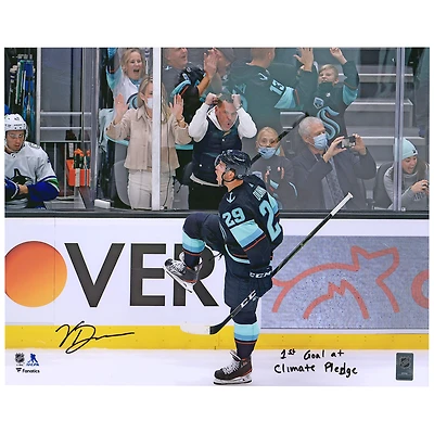 Vince Dunn Seattle Kraken Autographed 16'' x 20'' Deep Sea Blue Jersey Celebration Photograph with ''1st Goal At Climate Pledge'' Inscription