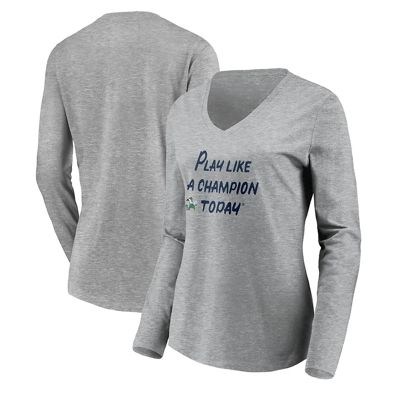 Women's Heathered Gray Notre Dame Fighting Irish Play Like A Champion Today Leprechaun Long Sleeve V-Neck T-Shirt