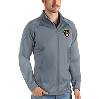 Men's Antigua Gray Milwaukee Brewers Links Full-Zip Golf Jacket
